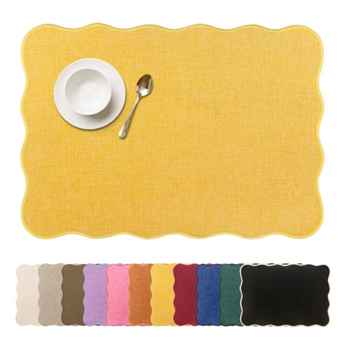 AHHFSMEI Faux Linen Placemats Set of 8 Scalloped Washable Heat Resistant Non-Slip Stain Proof Table Mats for Kitchen Dining Elegant Decor Place Mats (Yellow 8)