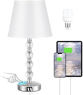 Seealle Touch Crystal Table Lamp with Type C+USB A Charging Ports, Bedroom Lamp 3 Way Dimmable Touch Control LED Bulb Included, White Linen Shade Metal Base Lamp for Bedroom, Living Room and Office