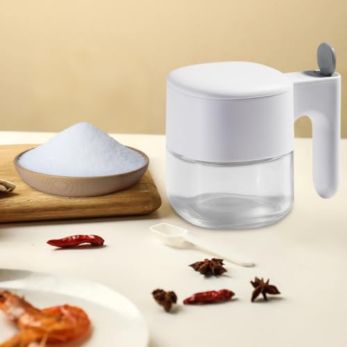 Glass Seasoning Container with Airtight Seal and Integrated Spoon, 5 x 5 In Leak Proof Automatic Lid Glass Jar,Seasoning Dispenser Compact Storage Glass Jar for Kitchen Home Cooking (beige) - image 3