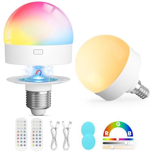 UNILAMP Rechargeable Light Bulbs with Remote, Battery Operated Bulb with 15 Colors & 3 Timer, 2000mAh E26/E12 Dimmable Magnetic Detachable Wireless LED Light Bulb for Non-Hardwired Fixture, 2 Pack