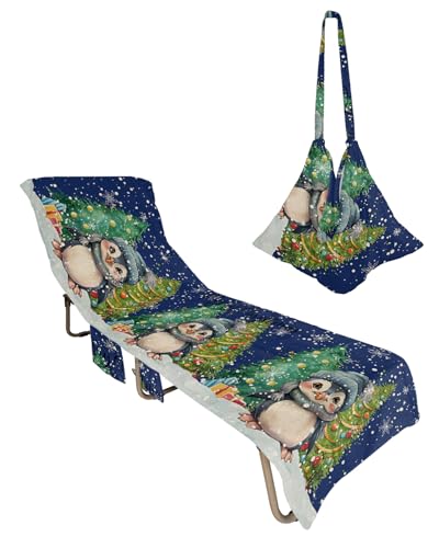 Navy Blue Christmas Penguins Beach Lounge Chair Towel Cover, Soft Chaise Lounge Towel with Side Pockets Patio Pool Chairs Cover for Beach/Pool Sunbathing 29x85 Xmas Winter Snowflake