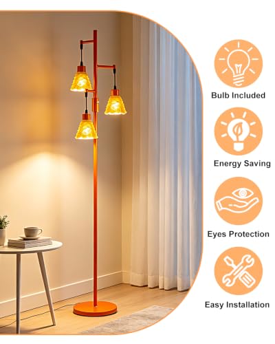 Image of Lightdot 67 inch Glass Floor Lamps for Living Room, 3-Light Dimmable Floor Lamp with Orange Glass Shade& Bulbs Included, Mid Century Standing Tall Lamp with 5Lbs Heavy Base for Bedroom /Sofa Beside