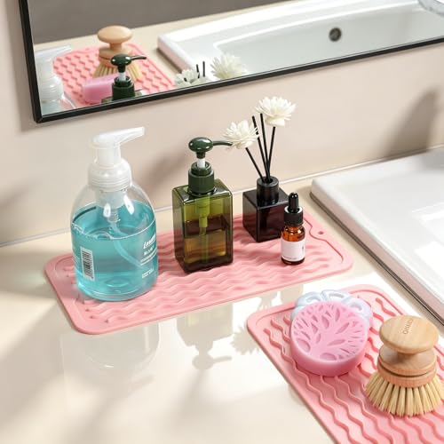 Image of 2 Pack Caketime Silicone Dish Drying Mat for Kitchen Counter Under Sink Storage Near Bathroom Faucet Heat Resistant Pad for Stove Top Placemats Soap Holder Stone Dryer Organizer 12 inchx6 inch Pink