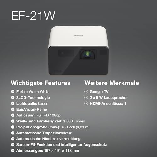 Epson EpiqVision EF-21W tragbarer Mini-Laserprojektor, Full-HD 1.080, 3LCD, 1.000 Lumen, bis zu 150-Zoll-Projektionsfl&auml;che, Bluetooth-Lautsprecher, Chromecast, Google TV, wei&szlig;