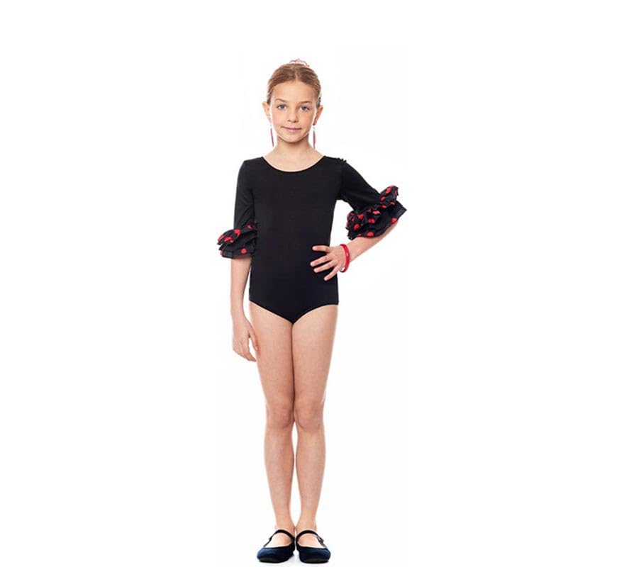 Body o maillot Sevillana con Volante Lunar negro y rojo para niña Talla de 10 años
