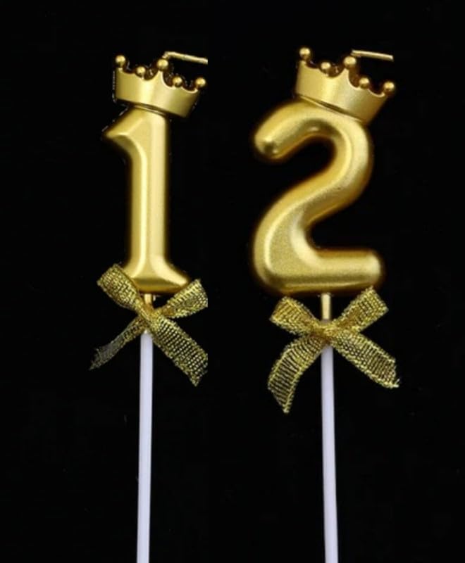 Image of Number Candles with Crown 3 inch for Birthday Parties, Wedding, Engagement, Celebrations, Theme Party Cake Decoration Gold (Numerical No 12 or 21)