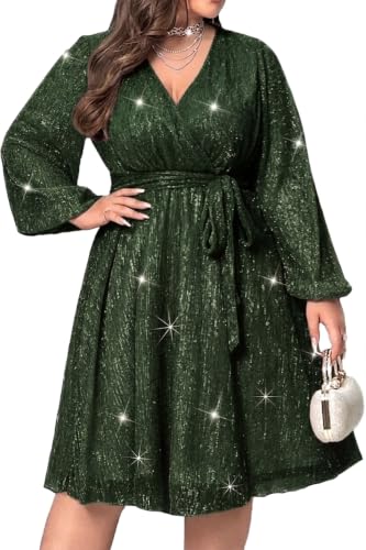Image of RED DOT BOUTIQUE 876 - Plus Size Elegant Sheer Sleeve Dress with Waist Sparkle Chiffon Mesh Cocktail Dress