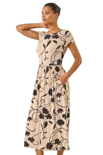 Image of Roman Midi Dress with Pockets for Women UK Ladies Stretchy Jersey Maxi Long Short Sleeve Elasticated Gathered High Waist Boho Flattering Skater Swing Fit Flare - Shadow Floral Stone - Size 12