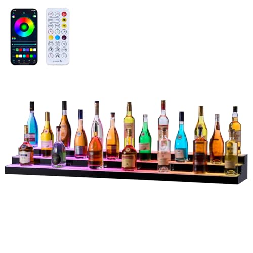 Image of VEVOR LED Lighted Liquor Bottle Display, 3 Tiers 60 inches, Acrylic Illuminated Home Bar Shelf Display with RF Remote & App Control, DIY Setup with Type-C Cables, 9 Static Colors, for 45-60 Bottles