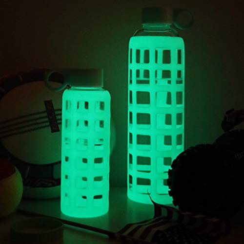 purifyou Premium 40/32 / 22/12 oz Glass Water Bottles with Volume & Times to Drink, Silicone Sleeve & Stainless Steel Lid Insert, Reusable Bottle for Fridge Water, Juice (22oz Glow in the Dark)