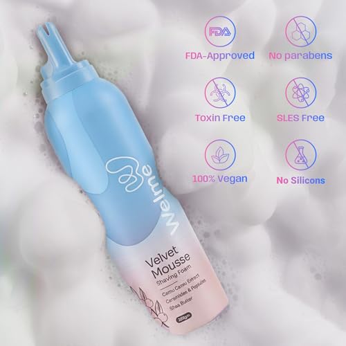 Image of Welme Velvet Mousse Shaving Foam for Women | Camu Camu Extract, Ceramides & Peptides & Shea Butter Free from Sulphates & Parabens | 100% Vegan | Best for Smooth Shaves & Moisturizing | For Normal-Sensitive Skin | 200ml (3, Pack of)
