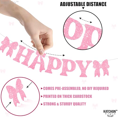 Image of KatchOn, Pink Bow Happy Birthday Banner with Lights, Pre-Strung - 10 Feet | Happy Birthday Decorations for Women, Kids | Glitter Pink Bow Party Decorations | Happy Birthday Backdrop