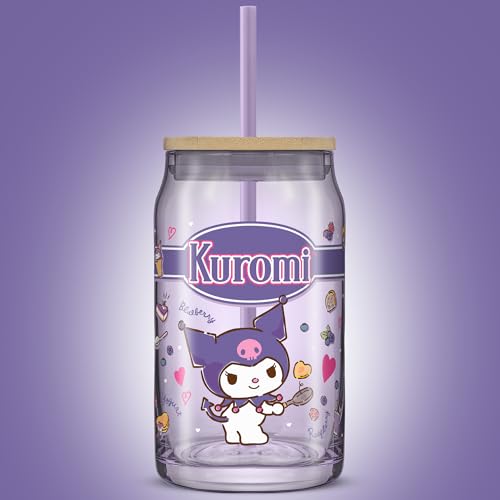JoyJolt Sanrio Hello Kitty and Friends Favorite Flavor Glass Tumbler with Bamboo Lid and Straw, Leakproof 16oz Clear Soda Can Shaped Cup featuring Kuromi, Hello Kitty Merch