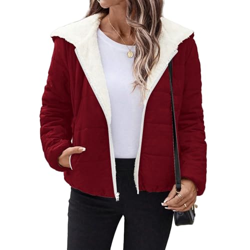 Baimiu Women’s Wine Red Sherpa Jacket – Cozy Puffer Fleece Coat with Hood and Pockets for Spring and Fall - Image 2