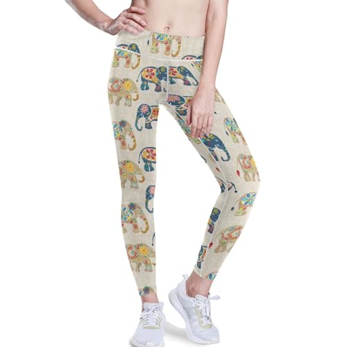 Elephants Floral Light Beige Yoga Leggings for Women with Pockets