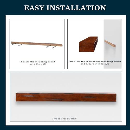 60 Inch Floating Fireplace Mantel Wood Shelf In Cherry Rustic -Breckenridge From Mantels Direct | With Corbel Bracket Arches | Wooden Rustic Wall Shelf Perfect for Electric Fireplaces and Décor