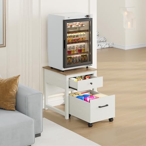 Image of Rresyet Mini Fridge Stand with Movable Drawer, Heavy Duty Fridge Stand with Lockable Wheels, Storage Cabinet for Dorm, Kitchen, Living Room, Refrigerator Stand for Mini Fridge