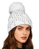 BOLLEY JOSS Womens Winter Beanies Glitter Sequins Colorful Knit Faux Fur Pompoms Beanie Hats Shiny Bling Skull Ski Cap