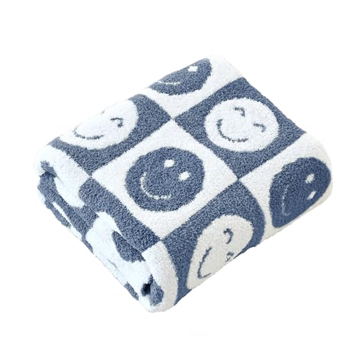 Ultra Soft Cozy Happy Smiling Face Checkered Knitted Baby Blanket Fluffy Microfiber Checkerboard Bed Blanket Lightweight Both Sides for Couch Sofa Bed (Smile Blue, Baby 30