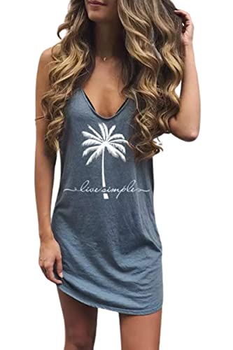 Live Simple Coconut Tree Sleeveless Dress Sunshine Sand Beach Women's Summer Casual V Neck Mini Dress