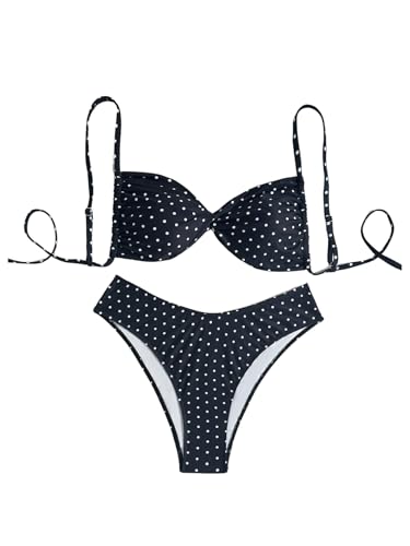 Maillot de bain 2 pièces grande taille noir XL chic à pois pour femme