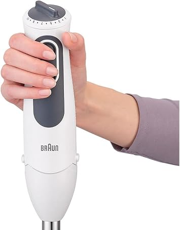 Braun Household MultiQuick، MQ3105B، خلاط يدوي، 11 سرعة، تقنية التحكم في الرش، أجزاء آمنة للاستخدام في غسالة الأطباق، حاوية بلاستيكية خالية من مادة BPA، 600 مل، مخفقة مزدوجة جديدة، أبيض