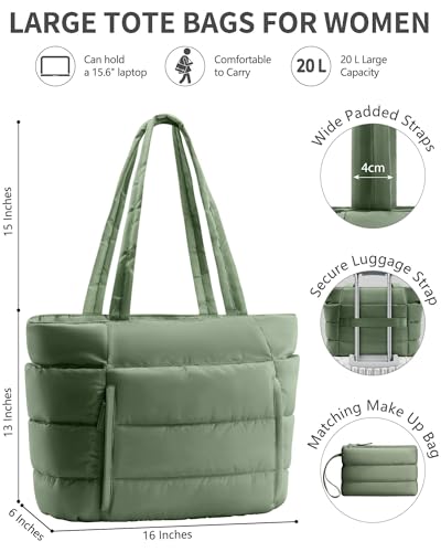 Image of Bagstellar Puffer Tote Bag for Women, Lightweight Puffy Work Handbag Teacher Nurse Quilted Shoulder Bag for School Travel Gym | Cloud Bag w / Zipper