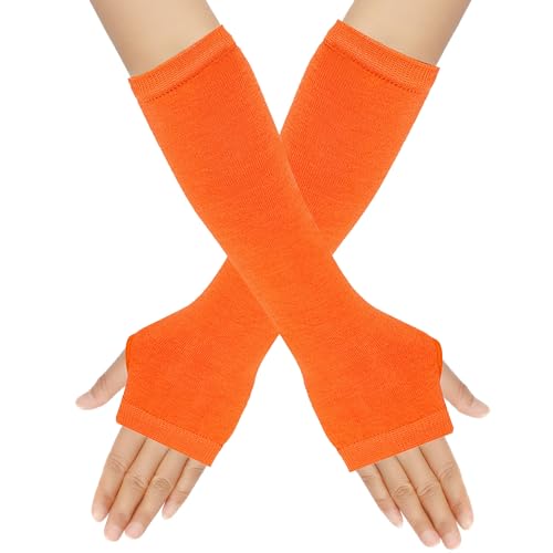UTTPLL Womens Punk Gothic Long Arm Warmers Fashion Striped Fingerless Gloves Winter Warm Knitted Stretchy Mitten Thumb Hole Wrist Warmer Halloween Costume Orange