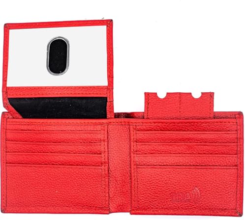J T C JUZAR TAPAL COLLECTION Genuine Leather RFID Blocking Bifold Wallet for Men, Stylish Bifold, Flip-up Window ID Eyelet Hole for Biker Chain (J521BF, Red)