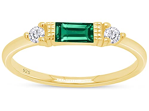 AFFY Baguette Cut Simulated Emerald And White Cubic Zirconia In 14K Yellow Gold Plated 925 Sterling Silver Three Stone Design Bridal Engagement Wedding Ring Jewelry For Women Size -7