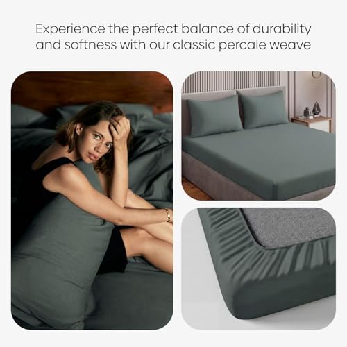 Image of Haus and Kinder Double Bedsheet, 300 TC 100% Organic Cotton Percale Weave, Fitted Bedsheet for Double Size Bed with 2 Pillow Covers - Marrow Stitch Detaling (Coastal Calm, 60 inchx78 inchx10 Size)