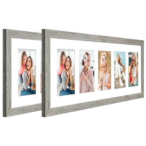 KSROECUD 8x24 Collage Frame with 5 Openings 4X6 Pictures, Multiple Picture Frame with Mat, Wall or Tabletop Decor, Grey Wood Grain,2 Pack