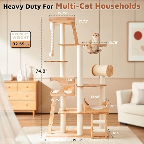 Image of Wood Cat Tree for Indoor Cats, Modern Cat Tower, Unique Cat Condo with House, Tall Luxury Furniture with Heavy Duty Wide Base, Kraft Paper Rope Scratching Post, Removable Cushion (74.8-inch)