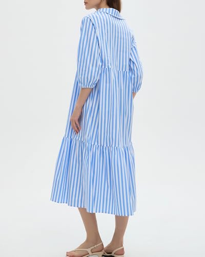 Image of EZAPINE Womens Babydoll Striped Shirt Midi Dress Puff Long Sleeve Collared Button Tunic Flowy Swing Dresses