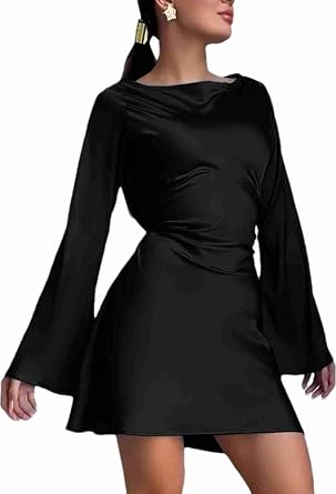 Solid Color Dress for Women Long Sleeve Waist Strap Satin Mini Dress Fashion Elegant Casual Wrap Hip Dress