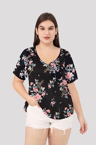 Image of TIYOMI Plus Size Tops for Women V Neck Tshirts Basic Tunic Casual Hawaii Floral Tie Dye Camo Summer Short Sleeve Tee XL-5XL