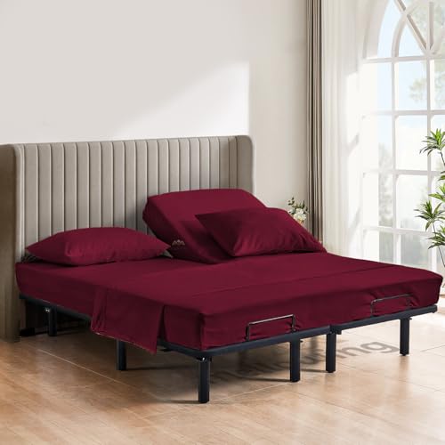 Mellowing 800 TC Split Head Flex Queen Sheet Sets for Adjustable Beds-Top Queen Sheets for Sleep Number Bed - 100% Egyptian Cotton 4 Pc Sheet Set (18" Deep,Queen 34"- Burgundy)