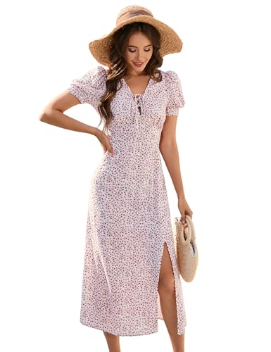 YesFashion Damen Kleid Sommer V-Ausschnitt Sommerkleid Maxi Kurzarm mit Blumenmuster Elegent Wickelkleid Strandkleid Par...