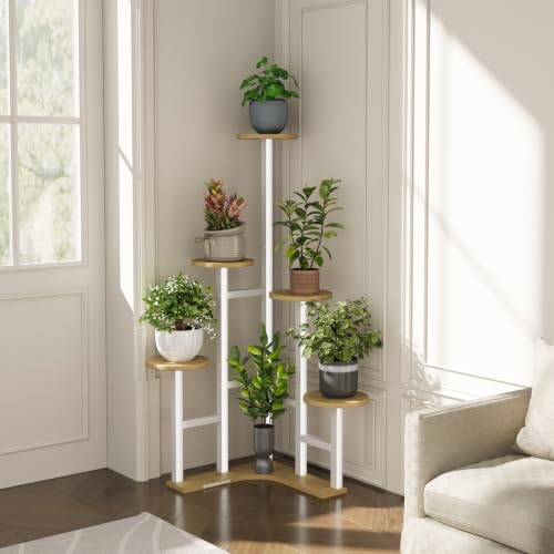 Image of Yzosvki Corner Plant Stand Indoor 6 Tiered Corner Plant Shelf | Flower Stand for Multiple Plants, Plant Shelves Organizer Rack for Living Room, Balcony, Patio, Garden, White Oak