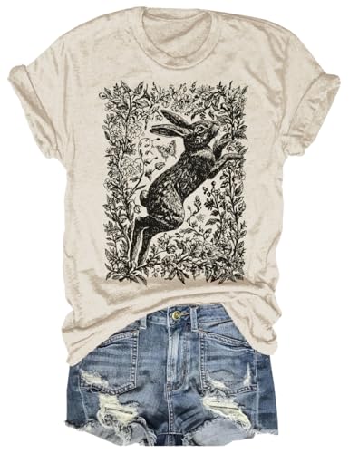 Beopjesk Women's Summer Cottagecore Rabbit Printed T-Shirt Funny Cute Animal Easter Graphic Tees Tops(1226-Rabbit,M)