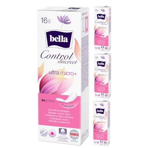 bella Control Discreet Inkontinenzeinlagen Ultra Micro Plus im 4er Pack (4 x 16 Stück), ultradünne Einlagen für leichte Blasenschwäche, atmungsaktiv und sanft zur Haut, latexfrei