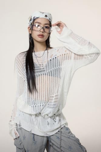 Image of Goth Y2K Striped Sweater Grunge Ripped Punk Gothic Sweaters for Women