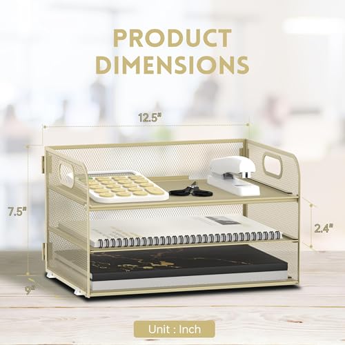 SUPEASY 3-Tier Papier Organizer mit Griff, Mesh Schreibtisch Organizer Brief Tray, Papier Tray Organizer Datei Organizer für A10 Datei Ordner, Goldgelb