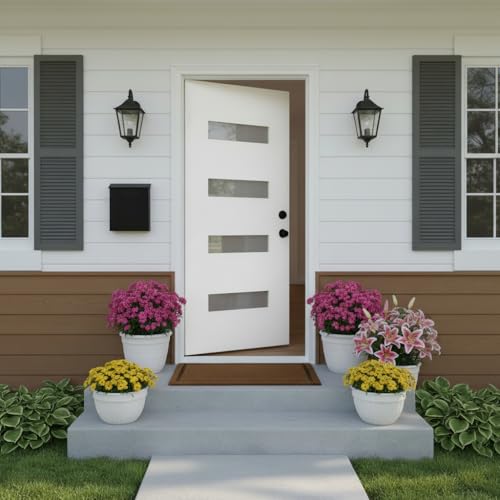 Image of Casaphoria 36 inch x 80 inch Fiberglass Entry Door with 4-9 /16 inch Vinyl Frame,Right Hand Inswing Exterior Door with Brickmould,Contemporary Wooden Grain Knock-Down Front Door for Home Entrance, White