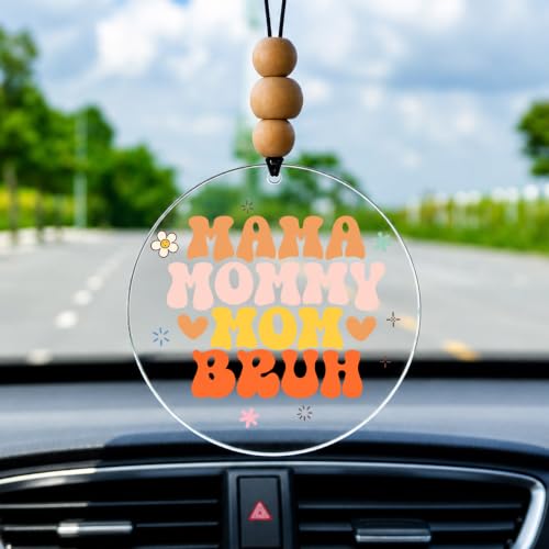 Talataca Mama Mom Bruh 2D Flat Car Ornament & Wood Beads, Funny Quote Beaded Rear View Mirror Accessories, Retro Rearview Hanging Charm, Christmas Tree Decor