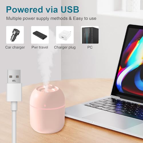 Image of Portable Small Humidifier, USB Personal Desktop Humidifier for Car, Office Room, Bedroom, Auto Shut-Off, 2 Mist Modes, Super Quiet, 220ml, Pink
