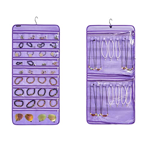ANZORG Dual-sided Hanging Jewelry Organizer Necklace Holder Jewelries Storage with 34 Zippered Pockets and 14 Dustproof Hook Loops (PURPLE) by ANZORG - Used condition - US$18.21