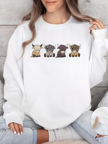 Women Highland Cow Sweatshirt Cute Cowgirl Gift Christmas Farm Sweatshirt Ribbon Long Sleeve Shirts