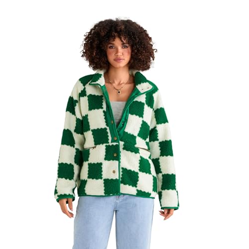 Jacket for Women 2025 Plaid Long Sleeve Lightweight Fleece Jacket Button Down Checkerboard Sherpa Coats Fall Outwear (Green, S)