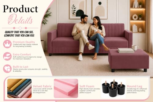 Image of Modern 3-Seater Velvet Sofa with Ottoman | Vertical Channel Tufted Backrest | Plush Cushioned Seating | Stylish Contemporary Sofa for Living Room, Bedroom & Office | Rose Pink